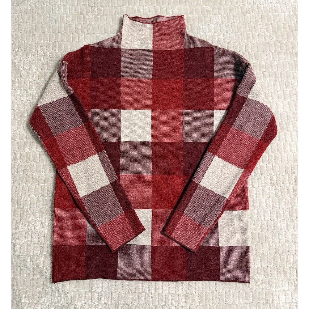 Tahari Red Plaid Mock Neck Sweater Women’s M Cropped Knit Long Sleeve Soft